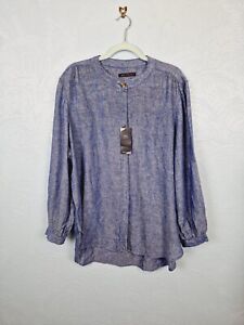 M&S Pure Linen Blouse Womens UK 20 Flax Linen Shirt Long Sleeve Blue Button Up