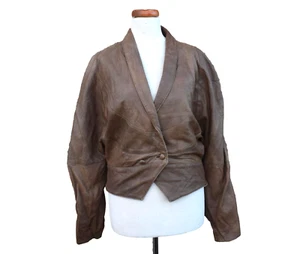 Vintage Leather Batwing Jacket 80s Brown Retro New Wave Indie 10 - 12 - Picture 1 of 3