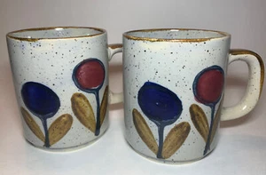 2 Otagiri Style Mugs Speckled Stoneware Mid Century MCM Abstract Floral Unmarked - Picture 1 of 4