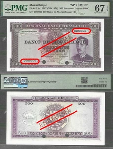Mosambik P-118s 500 Escudos Specimen 1967 (ND 1976) PMG 67 Top Grade - Bild 1 von 7
