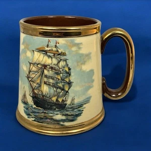Gibsons Staffordshire Tankard Maritime Scene Sailing Ship Gold Mug Vintage - Picture 1 of 24