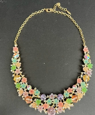 Natasha Pastel  Floral Statement Necklace Gold Tone Crystal Rhinestone Bib 16” - Image 1 of 4