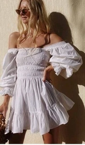 Ess The Label Ivory Cotton Off Shoulder Puff Sleeve Elastic Ruched Bodice 6 - Picture 1 of 10