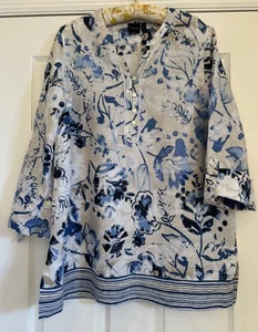 Rafaella 100% Linen Tunic Top Women L Blue Floral Lagenlook Coastal Grandma Boho - Picture 1 of 8