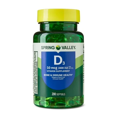 Spring Valley Vitamina D3 400 UI (10 mcg), 200 cápsulas blandas - Apoyo óseo e inmunológico Foto 1 de 4