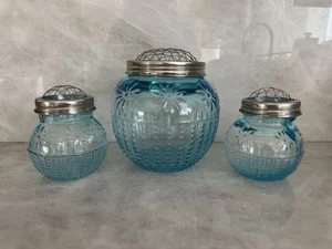SET OF 3 ASP BLUE Pressed Glass Flower Hobnail Vase w Floral Frog Screw on Top - Picture 1 of 16
