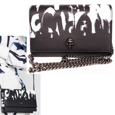 NEW $1290 ALEXANDER MCQUEEN Black WHITE GRAFFITI Leather SKULL Crossbody BAG NIB - Image 1 of 4