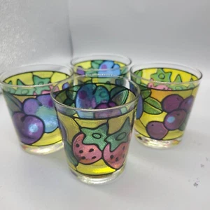 Vintage 1970's Libbey Stained Glass Juice Glasses Fruit Pattern Set (4) 6 oz - Picture 1 of 6