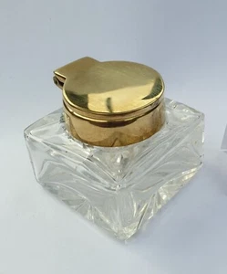 EXQUISITE CUT GLASS / BRASS INKWELL INK BOTTLE WRITING SLOPE STAND   - Picture 1 of 6