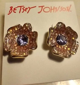 Betsey Johnson Pink Flower  Purple Center Crystal  Stud Earrings - Picture 1 of 5