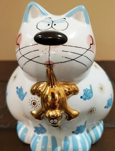 Blue/White Kitty Cat Bank Goebel W Germany Porcelain Vintage No Key - Picture 1 of 6