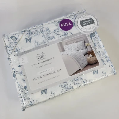 Juego de sábanas COMPLETO Farmhouse Shabby Chic 4 piezas blanco azul toile pájaros mariposa algodón Foto 1 de 4