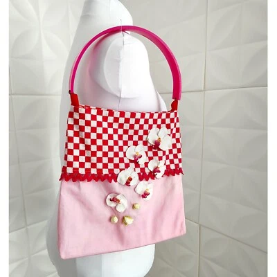 Vintage 80s-90s Handmade Art Purse Pink Red Floral Orchid Bag OOAK Milla + Mone - Image 1 of 4