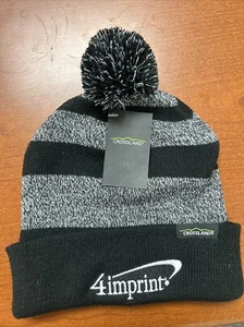 4imprint Crossland Beanie Toque Adult Black Gray Stripe Knit 100% Acrylic Pom - Imagen 1 de 2