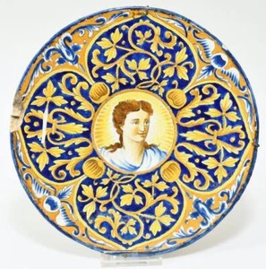 Antigua placa retrato faenza renacentista italiana mayólica Deruta Urbino 24 cm - Imagen 1 de 13