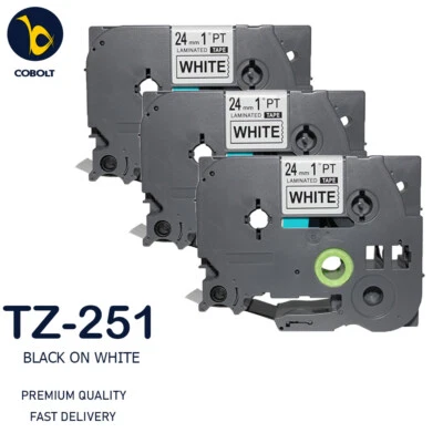 3 Label Tape Compatible With Brother Black on White TZ251 PT-9200DX 9200PC 9400 - Image 1 of 4