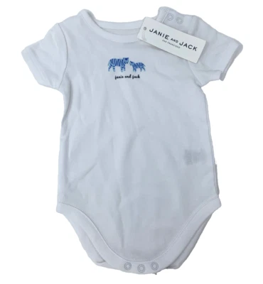 全新带标签 Janie and Jack 男宝宝 0-3 个月白色标志紧身衣带蓝色老虎 — 第 1/4 张图片