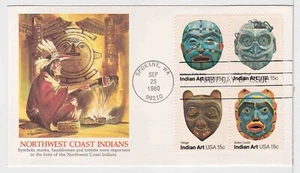 TurtlesTradingPost- Northwest Indian Masks- 1980 - FDC #1834-37 Fleetwood Cachet - Picture 1 of 2