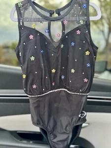OZONO Ginnastica Danza LEOTARD Adulto Medio NERO RETE FIORI - Foto 1 di 2
