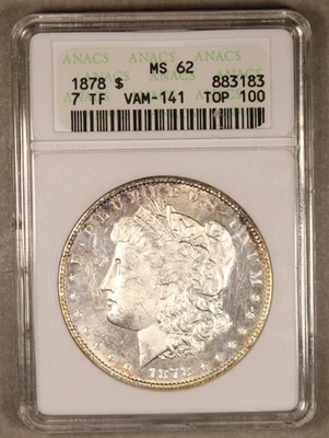 Dólar de plata Morgan de Estados Unidos 1878 VAM-141 Top 100 ANACS MS62 jabonera Foto 1 de 4