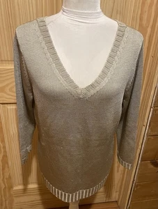 DONCASTER Tan 3/4 Sleeve 100% Silk V-Neck Blouse Top Size Medium - Picture 1 of 5