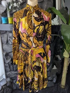 Vtg 60s 70s Psychedelic Fit And Flare Dress Rayon? Knit Keyhole Neck ILGWU READ! - Picture 1 of 13