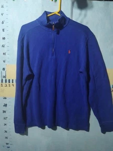 Ralph Lauren Polo 1/4 zip Pullover Sweater Blue with Red Pony Logo Medium - Picture 1 of 9
