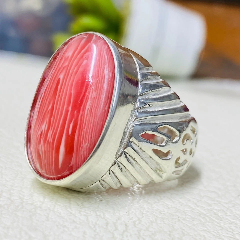 Red Coral Sterling Silver Men's Ring Natural Gemstone Unique Handmade Jewelry - Image 1 of 4