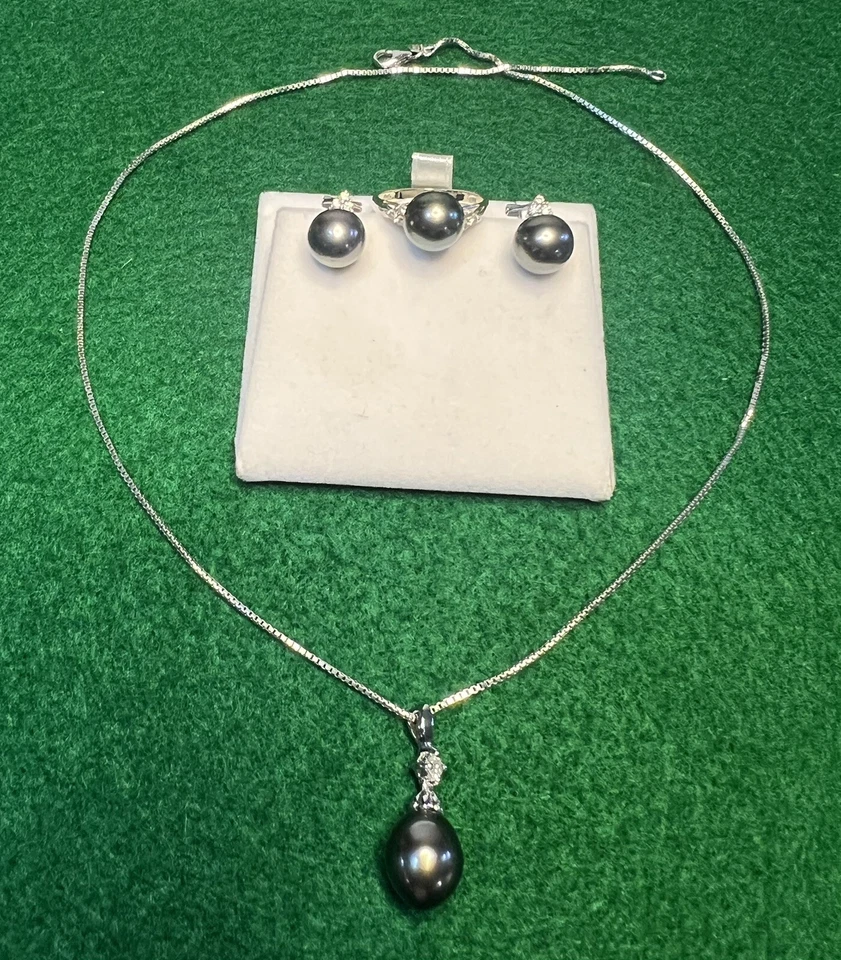 Tahitian Pearl & Diamond Ring w/ Earring Pendent Set - 14k Gold necklace Set - Image 1 of 4