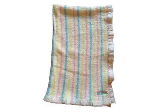 Vintage Baby Blanket Pastel Stripe Acrylic Satin Trim Waffle Weave WPL1675 READ - Picture 1 of 8
