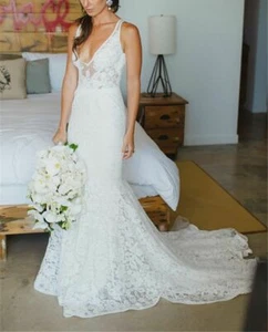 New White Ivory Lace Mermaid Bridal Wedding Dress Custom Size 12 14 16 18 20 + - Picture 1 of 7