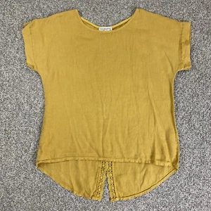 Terzo Millennio Top 100% Linen Small Yellow Back Embroidered Hi Low Short Sleeve - Picture 1 of 12
