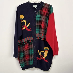 IZOD Cardigan Sweater 2X Plus Christmas Button Front French Horn Party Navy Red - Picture 1 of 10