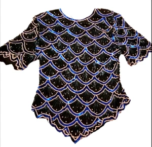Women's Vintage Laurence Kazar Beaded 100% Silk Shell Lining Blouse Top Sz Lg - Picture 1 of 6