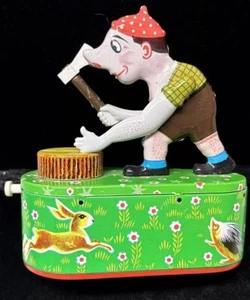 Vintage 1950's Lemezaru Gyar Woodcutter Piggy Coin Bank House Box Tin Toy No Key - Picture 1 of 9