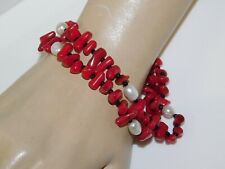 PIA Red Branch Coral White Pearl Black Bead double strand Bracelet extender 8j 4