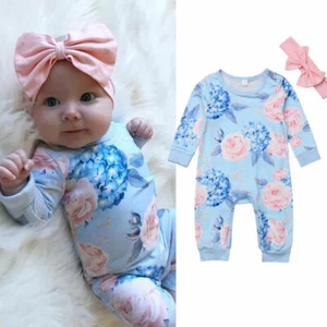 Newborn Infant Baby Girls Floral Romper Jumpsuit Bodysuit Headband Clothes Sets - Picture 1 of 7