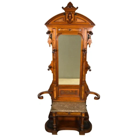Antique Victorian Burl Walnut Marble Hall Tree #21702 Cover