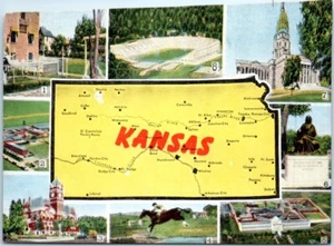 KANSAS KS Illustrated Map multi view linen - Postcard - Picture 1 of 2