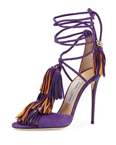 New Jimmy Choo Mindy Fringe Suede Lace-up Ankle-Wrap Boho Purple tassel sandal s - Picture 1 of 11
