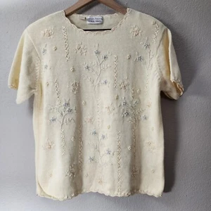 Vintage Jaclyn Smith Cream Beaded Short Sleeved Sweater Size Medium - Picture 1 of 8