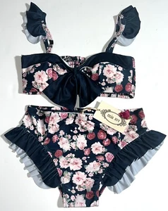 Joyfolie Mia Joy Hyacinth Pink Rose Floral Ruffle Bow 2Pc Bikini Swimsuit 14 NEW - Picture 1 of 10