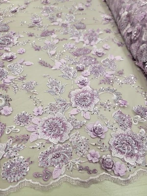 LAVENDER Beads 3d Floral Embroidery Lace Fabric Sold By The Yard For Dress Prom  - Image 1 of 4