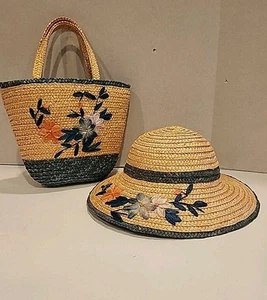 Vtg Girls Straw Hat Woven 3" Brimmed Green Bands Multi Colored Flowers  w/ Purse - Picture 1 of 11