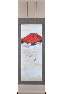 Hanging Scroll "Red Fuji with Two Cranes" by Shuzan Suzumura,54.5 x 190cm Japan - Image 1 of 4