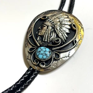 Corbata Bolo Vintage Southwestern Plateada Turquesa Indian Chief Cuero - Imagen 1 de 6