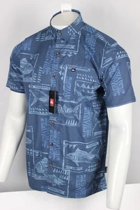 Quiksilver Men's Block Fish Woven Button Shirt Short Sleeve M Medium Indigo Blue - Picture 1 of 3