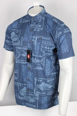 Quiksilver Men's Block Fish Woven Button Shirt Short Sleeve M Medium Indigo Blue - Image 1 of 3
