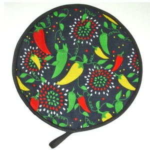 AGA Hob Lid Covers Chili Peppers Pair of Kitchen Mats Pads 2 Round Loops Black - Picture 1 of 10