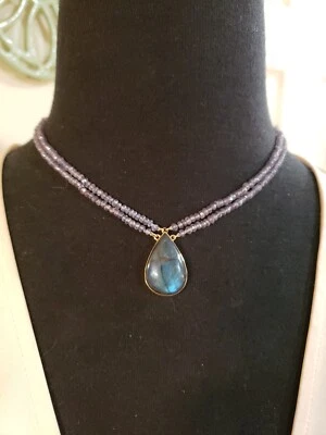 14K Yellow Gold LABRADORITE Necklace, Teardrop On Double Blue Quartz Bead Chain - Image 1 of 4